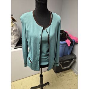 • Emma James Vintage Petite Twinset Knit Cardigan & Tank Shell Set Teal Brown